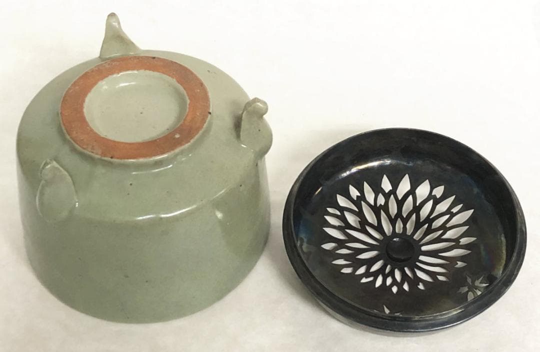古青磁大香炉 純銀火屋付約174g 修復あり 茶道 香道 陶器 WWTT195