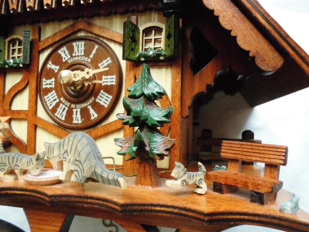 『美品』ドイツ・シュナイダー　からくり掛け時計　カッコウ時計　8匹の猫