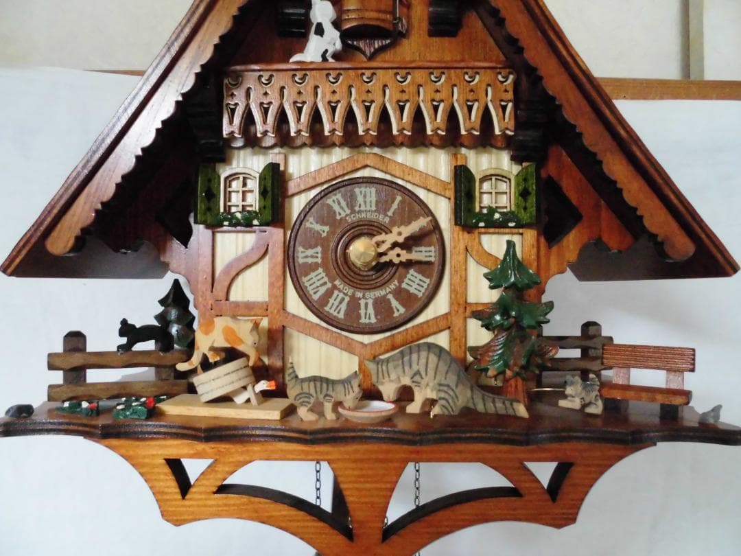 『美品』ドイツ・シュナイダー　からくり掛け時計　カッコウ時計　8匹の猫