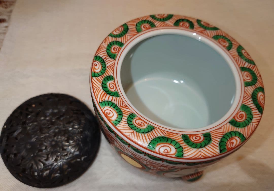 四代三浦竹泉 赤絵 香炉 純銀火屋 松興堂 金彩 四君子 アンティーク