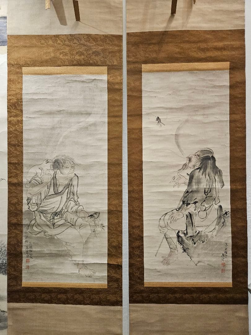 円山応挙 双幅 ［蝦蟇鉄拐図］倣：梁楷 円山応震極書 江戸時代中後期　掛軸