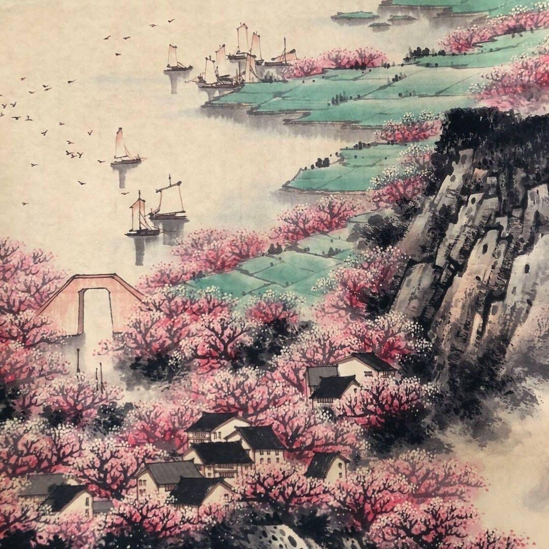 中国水墨画 掛け軸 宋文治 江南春色 中堂掛け軸 装裱済み／鑑賞用／山水画