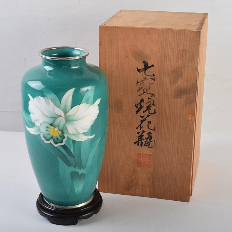 七宝焼　佐藤謨義作　水仙文　花瓶　唐木台付　共箱　V　R9237