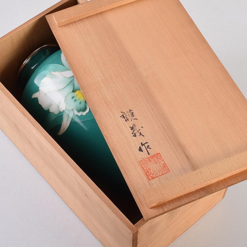 七宝焼　佐藤謨義作　水仙文　花瓶　唐木台付　共箱　V　R9237