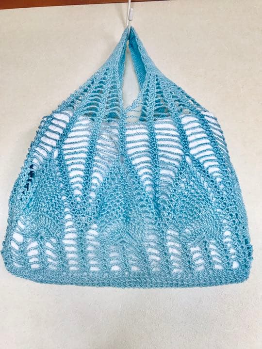 レース編み手提げ袋 水色
