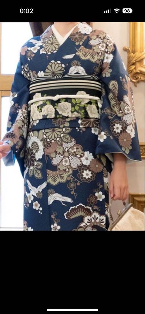 卒業式 袴 洗える着物 二尺袖 「紺に鶴」KIMONOMACHI 着物　浴衣