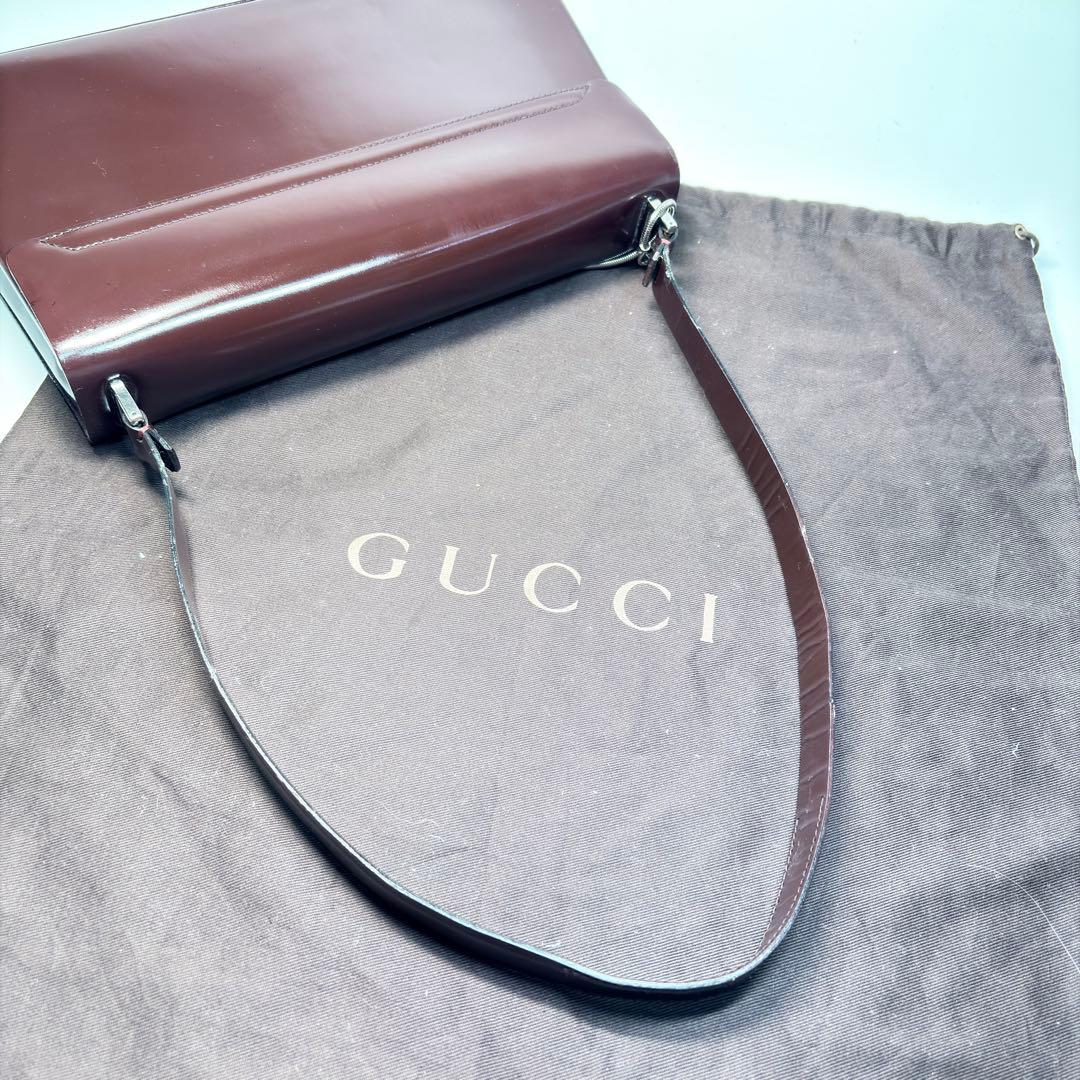 美品　GUCCI グッチ ショルダーバッグ エナメル ダークブラウン シルバー