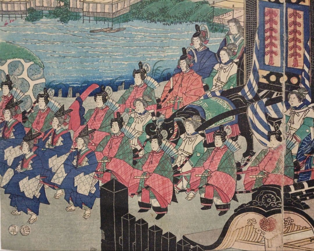 浮世絵版画、東京高輪風景 三枚綴りの右側と真ん中の2枚売り歌川芳盛画明治3年出版