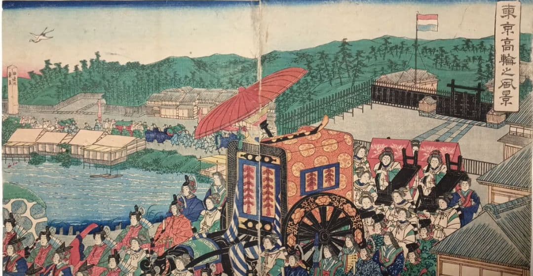 浮世絵版画、東京高輪風景 三枚綴りの右側と真ん中の2枚売り歌川芳盛画明治3年出版