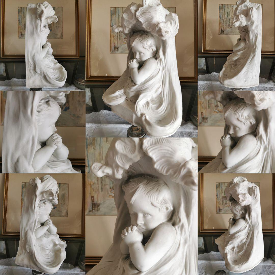 アンティークフランス 大型素焼きビスク彫像塑像 少年の祈り 作家物サイン刻印