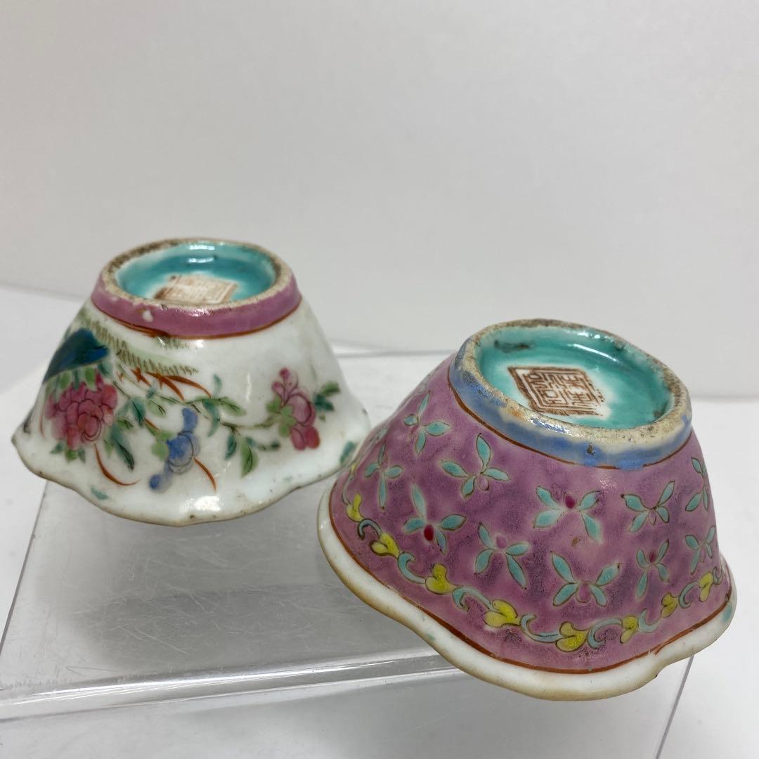 中国古玩　同治年粉彩輪花小鉢　2客　タエチ　東さ8-0107☆2F