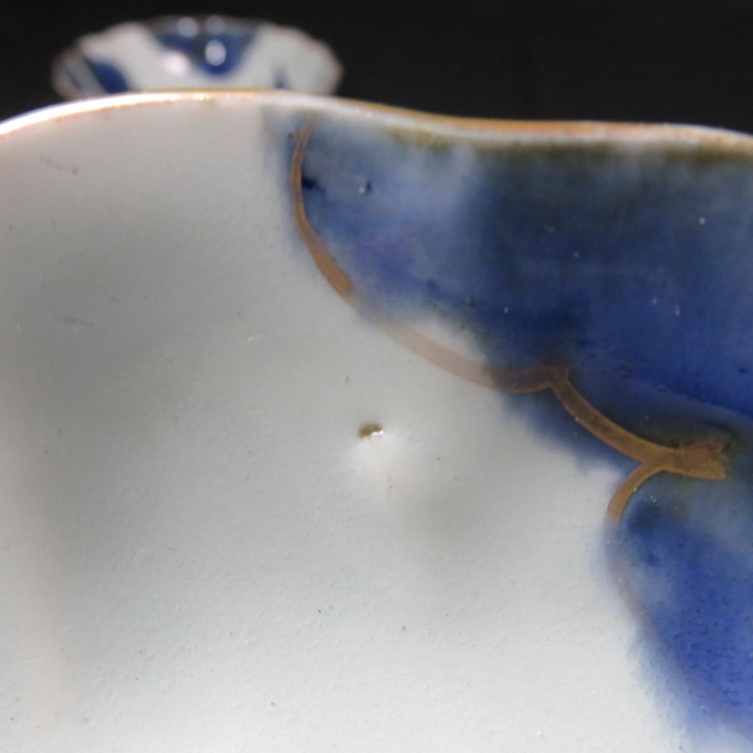 なます皿 山水 金彩 染付 江戸時代 蛇の目高台 夜景 夜図 窯傷