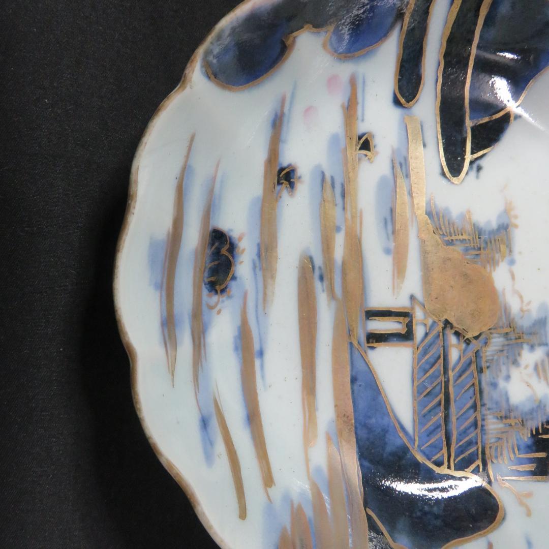 なます皿 山水 金彩 染付 江戸時代 蛇の目高台 夜景 夜図 窯傷