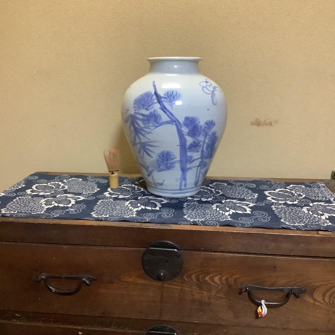 李朝　朝鮮　壺　大壺　花器　花瓶　松笹紋　砂高台　古伊万里・粉引・茶道好きにも