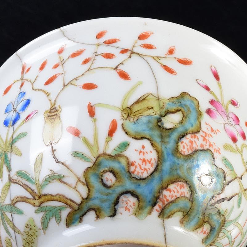 中国　大清光緒年製　粉彩花昆虫文碗　V　7805E