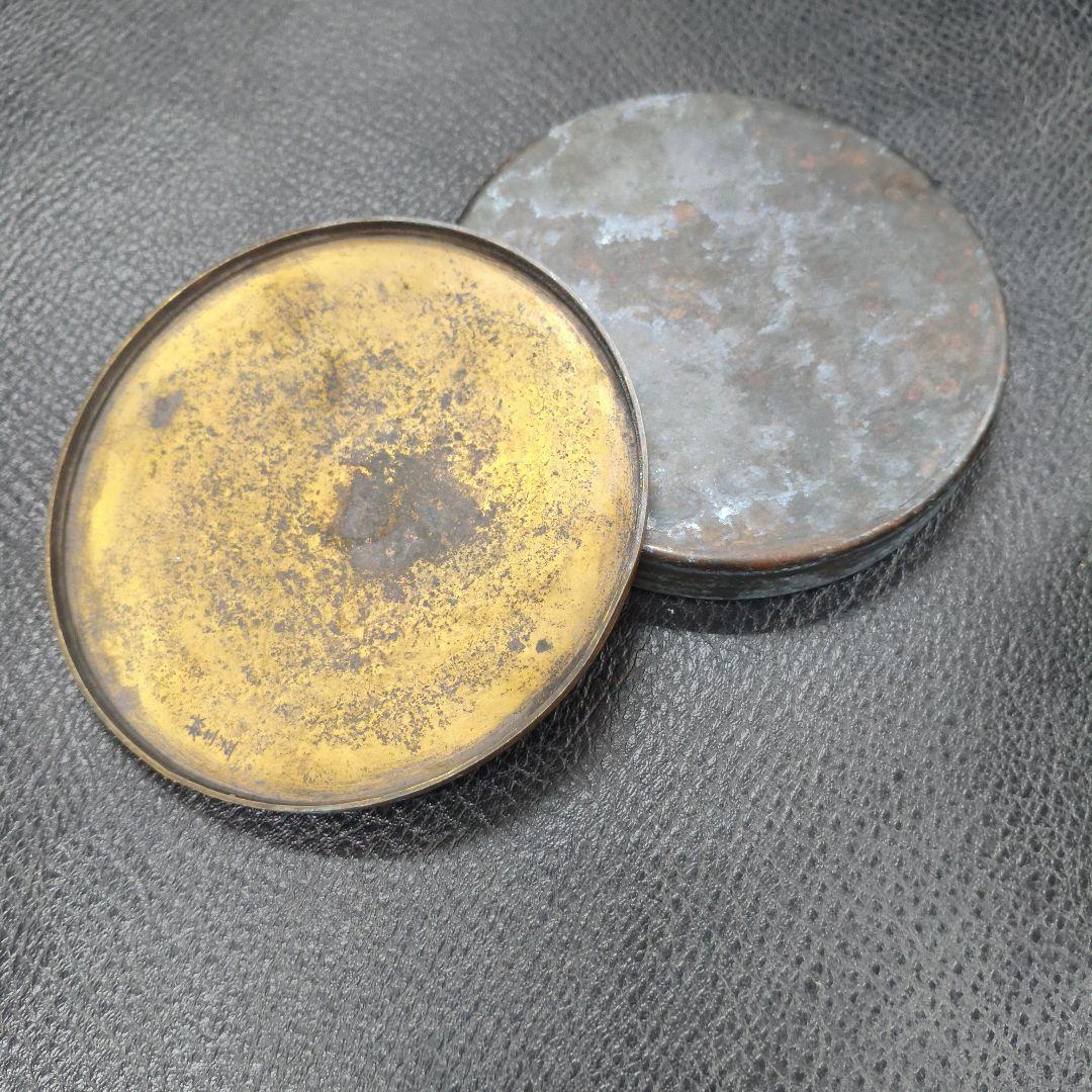 【希少・名品】中国古玩 銅製墨盒「林三益」径8cm／褚遂良『雁塔聖教序』文房具