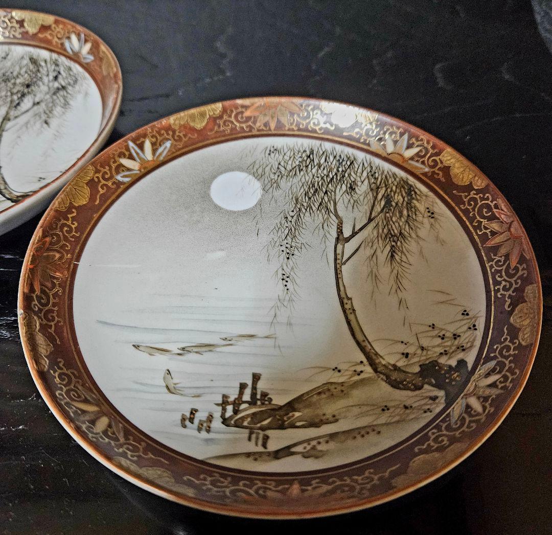 【最上作品❗】明治時代　九谷焼　九谷朝日製　金彩色絵　月明かりに柳に魚の図　2客