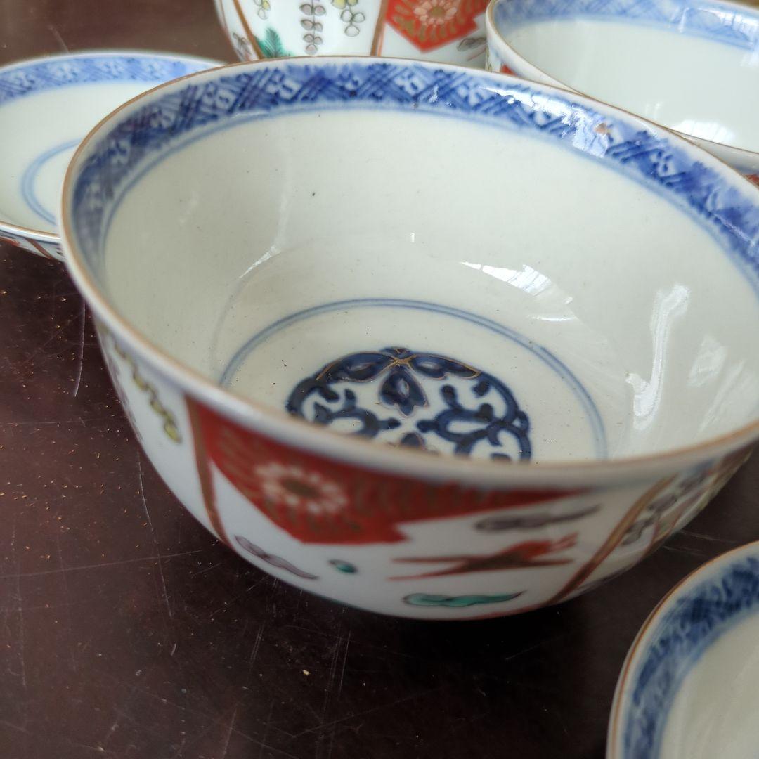 骨董 伊万里 古伊万里 蓋茶碗 色絵 金彩 煮物碗 アンティーク 5つ〜
