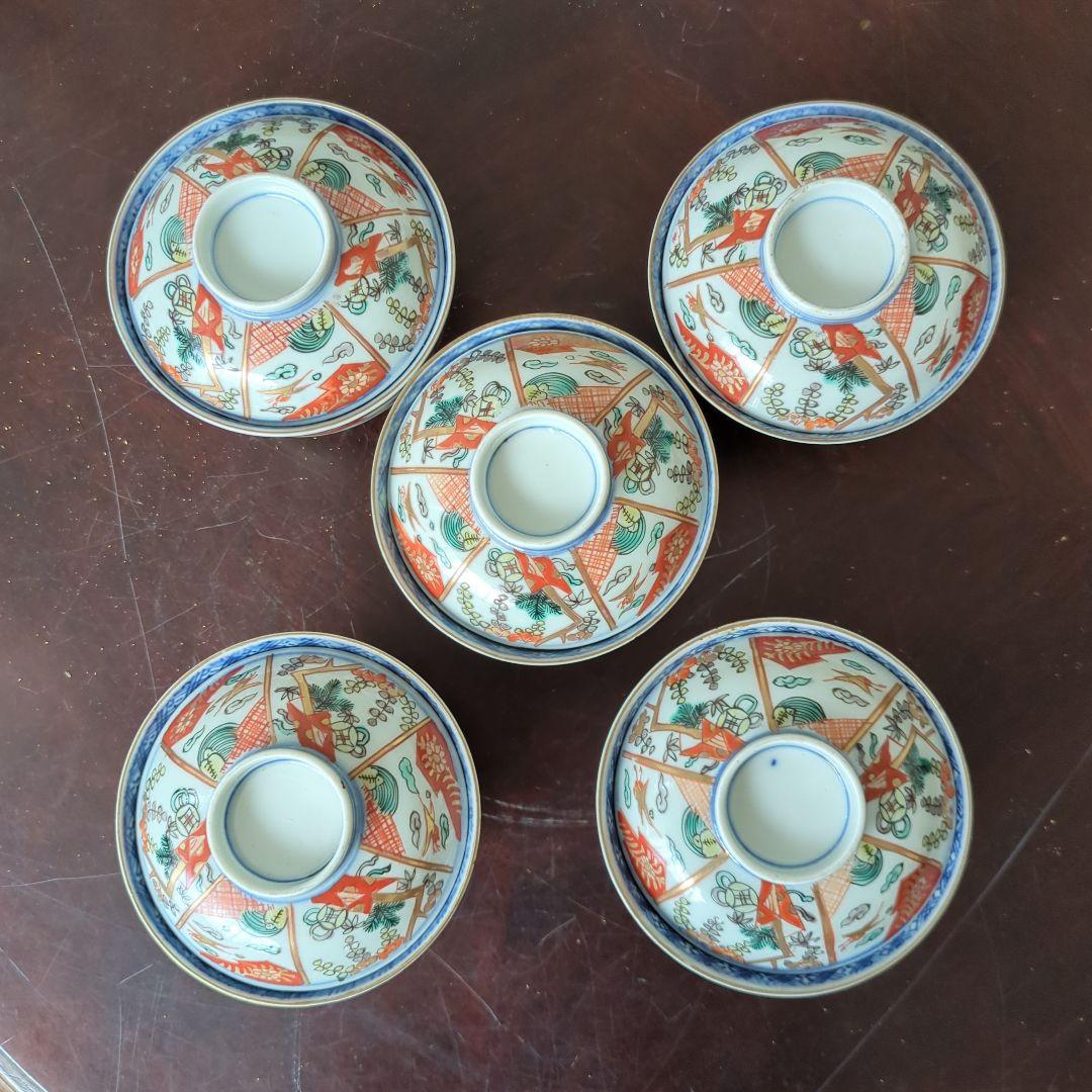 骨董 伊万里 古伊万里 蓋茶碗 色絵 金彩 煮物碗 アンティーク 5つ〜