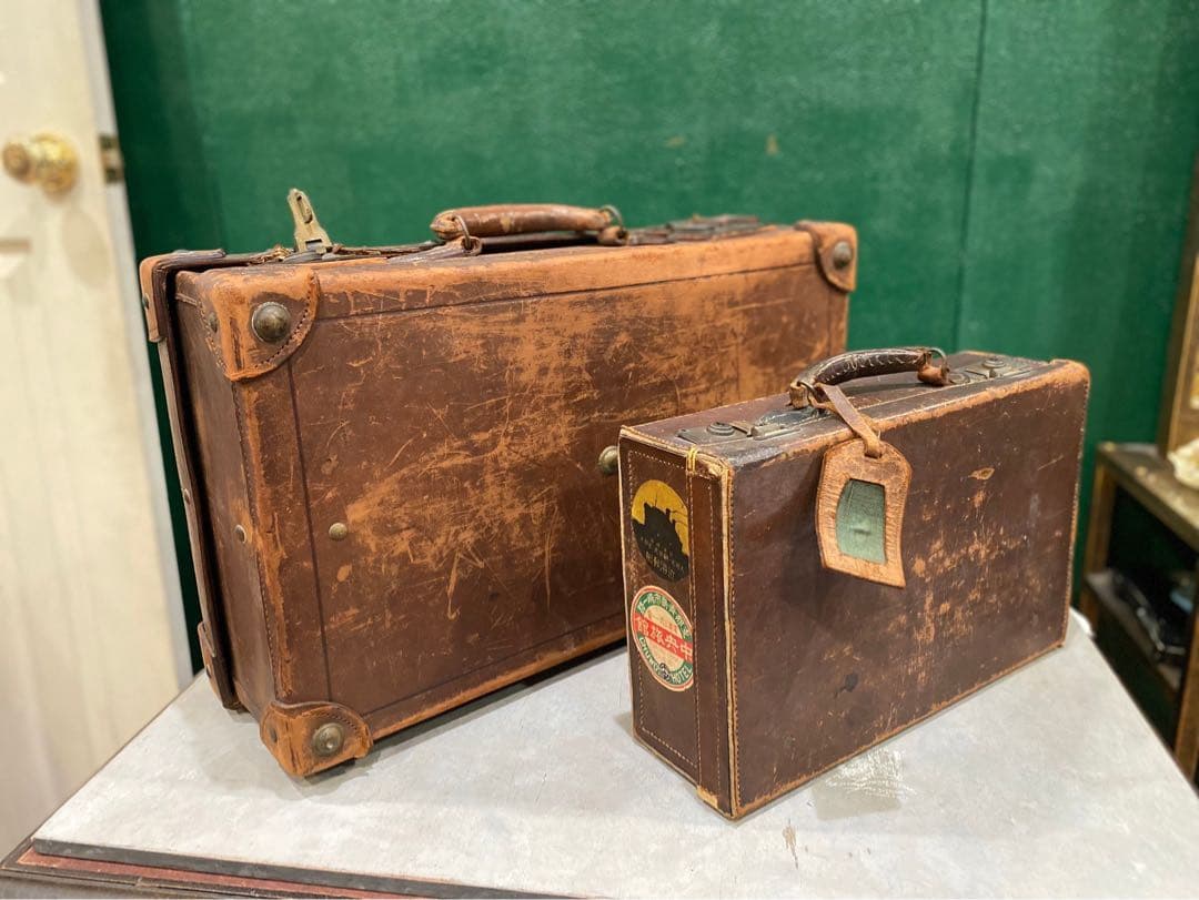 アンティーク 革トランク セット 当時物インテリア ビンテージ 昭和レトロ年代物