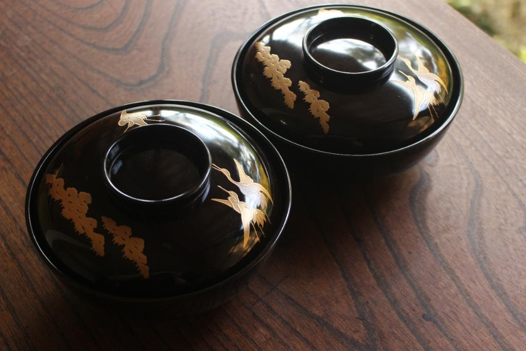 時代逸品！時代黒漆に優美な鶴遠山蒔絵の映える煮物椀2点（検蒔絵椀加賀蒔絵雑煮椀