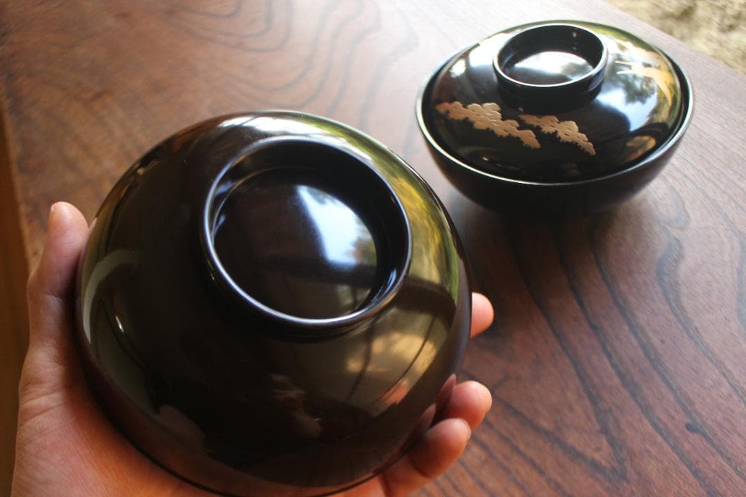 時代逸品！時代黒漆に優美な鶴遠山蒔絵の映える煮物椀2点（検蒔絵椀加賀蒔絵雑煮椀