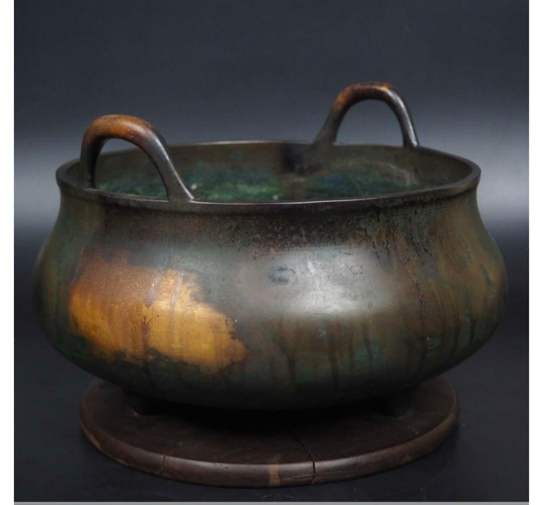 送料無料　古作『大明宣徳年製』在銘　双耳（沖天耳）香炉　木箱付・香炉灰あり