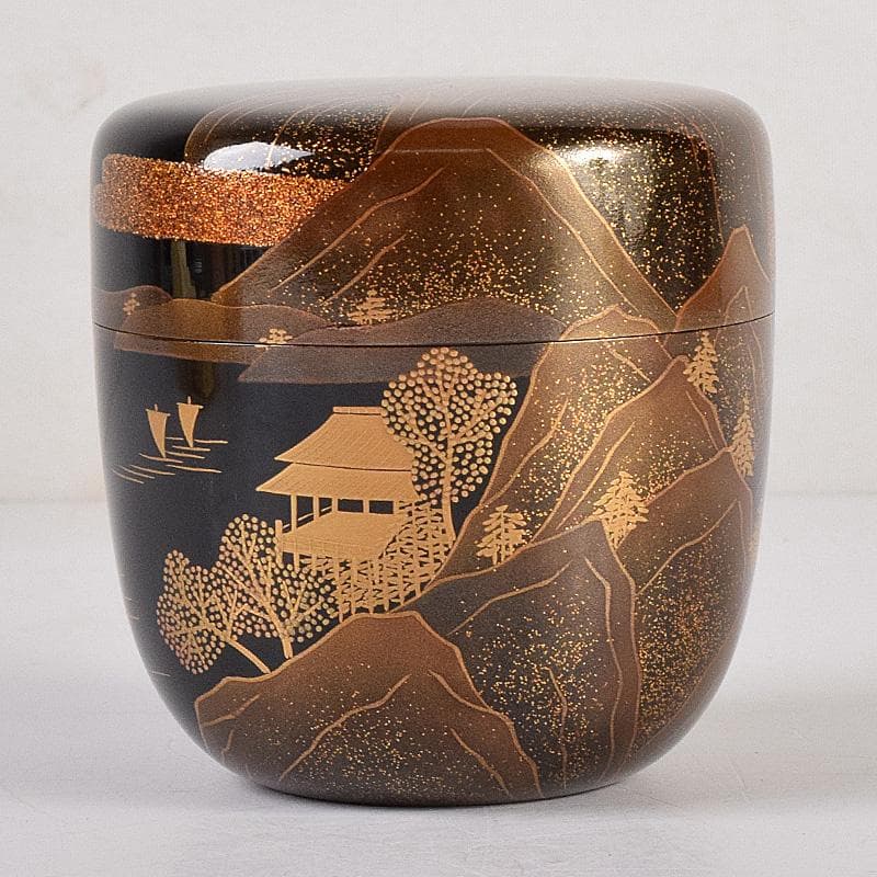 茶道具　漆匠　前端春斉作　山水蒔絵　内銀溜　黒棗　共箱　V　R8487