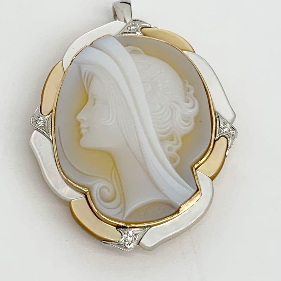 エルヴィンポーリー K18 Pt900 カメオ ブローチ ダイヤ シェル メノウ
