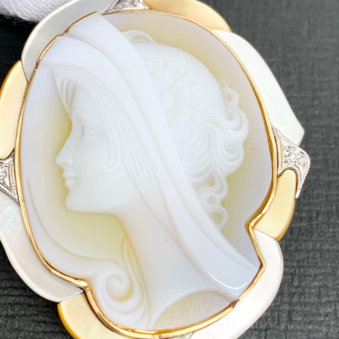 エルヴィンポーリー K18 Pt900 カメオ ブローチ ダイヤ シェル メノウ