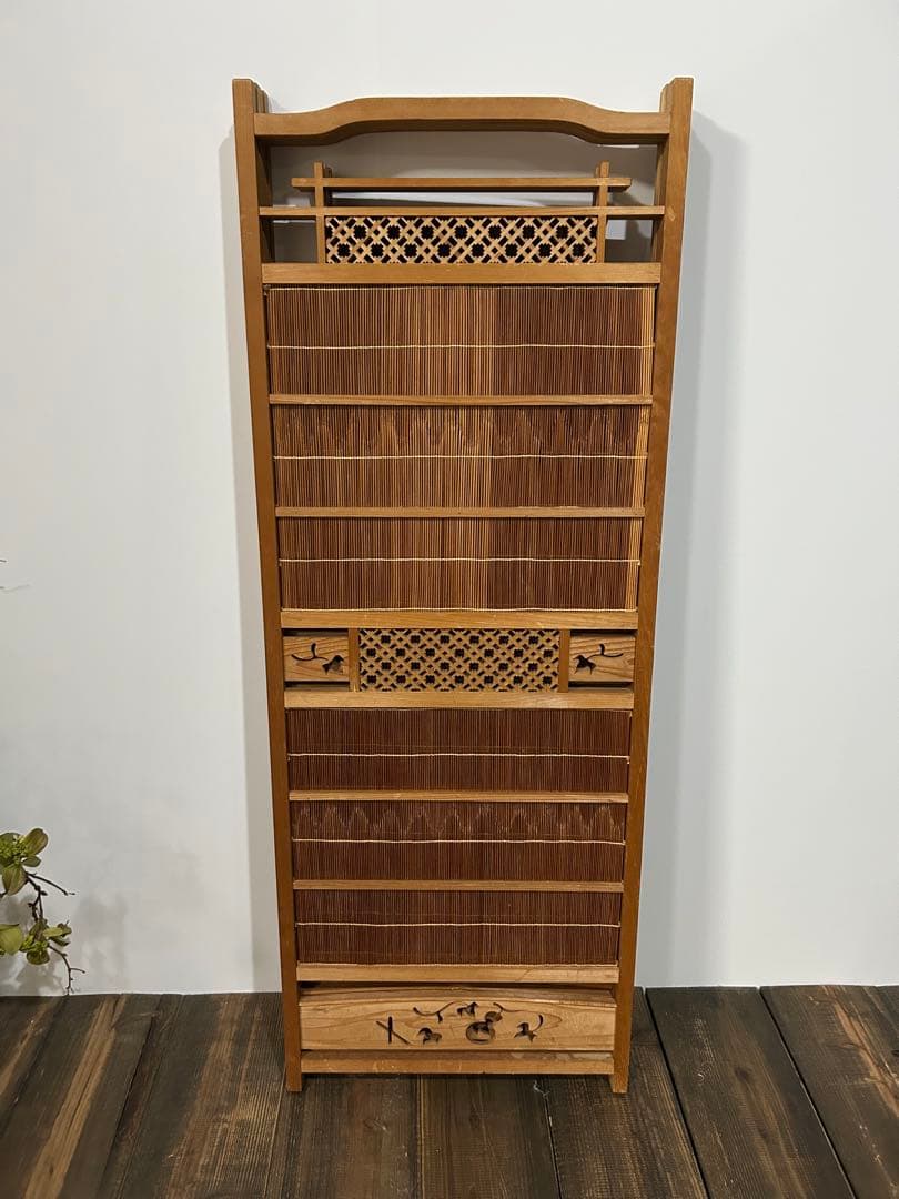 【火星人】古い竹簾屏風 衝立 パーテーション 四連 透かし彫り 古道具