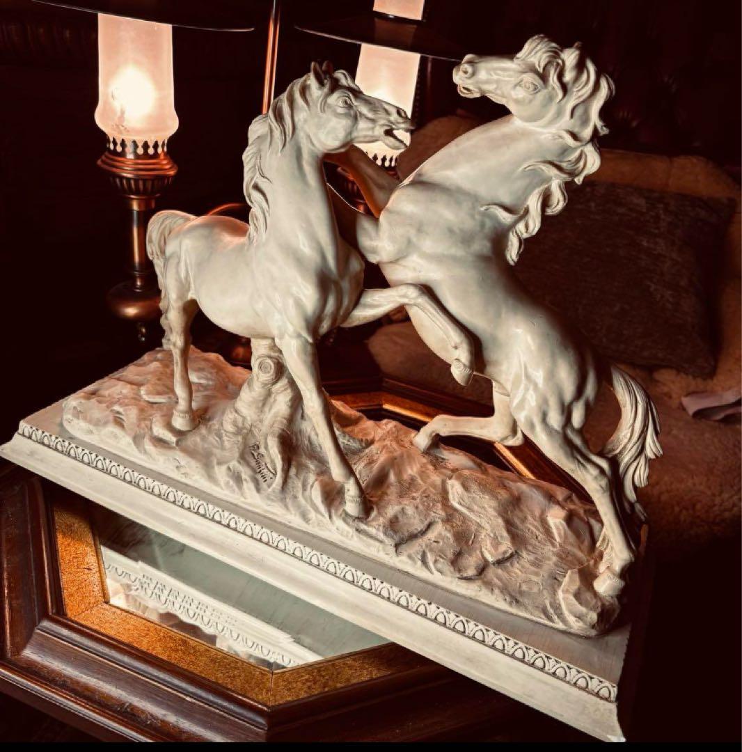 湯布院アンティーク イタリア ビンテージ サンティーニ 2頭馬 大置物 石膏調