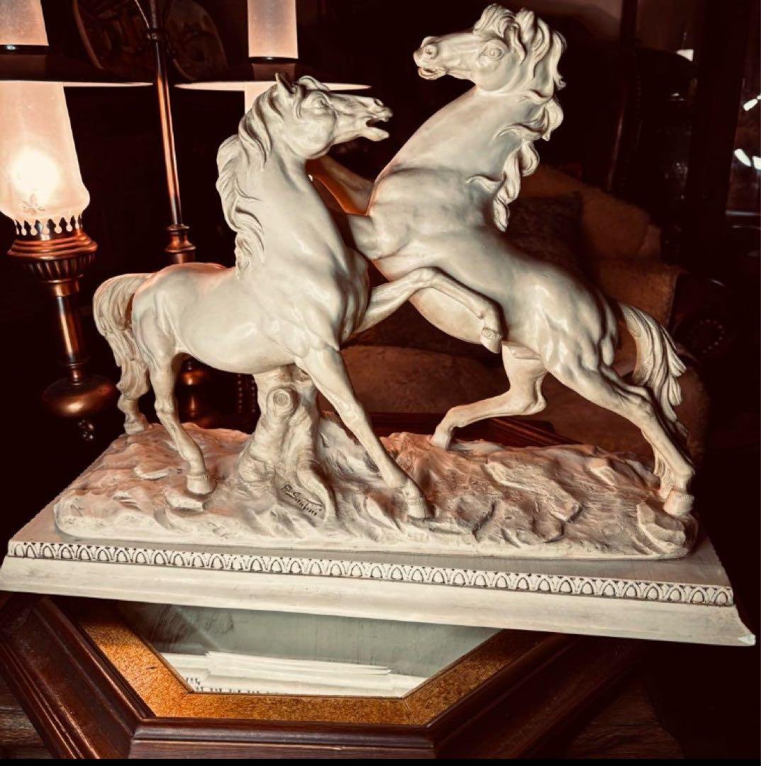 湯布院アンティーク イタリア ビンテージ サンティーニ 2頭馬 大置物 石膏調