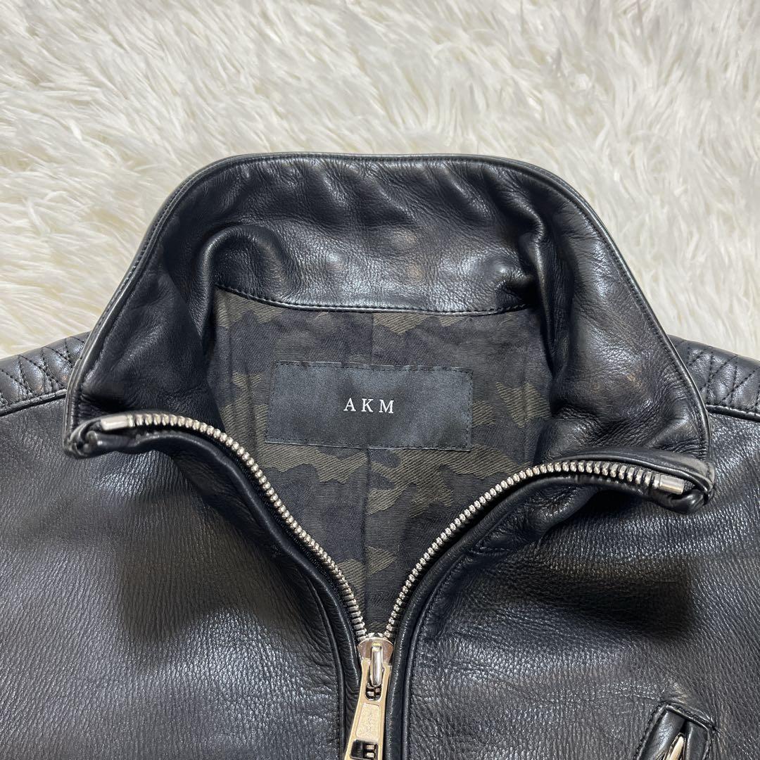 【美品】AKM レザージャケット　牛革　ブラック　S 日本製　裏地カモ