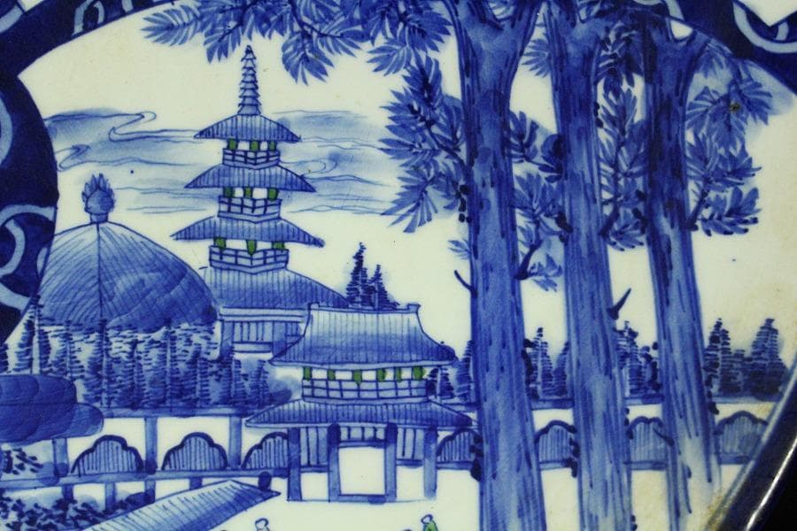 染付 明治 大正時代 大皿 文明開化 風景画 希少(K-YC476)