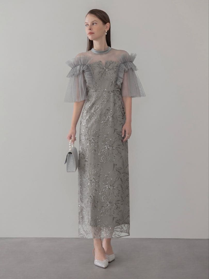 チュールフリルショルダーシアーIラインワンピースドレス結婚式パーティー成人式