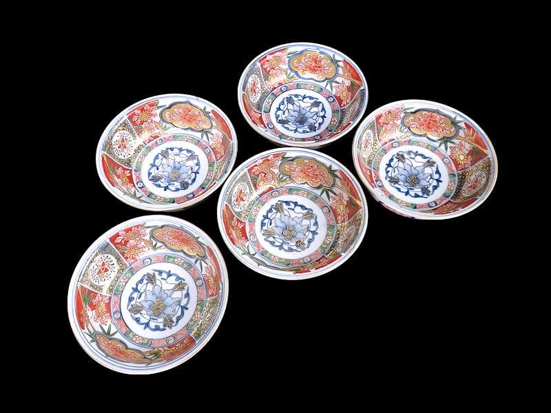 大聖寺伊万里　金襴手　窓絵　花鳥紋の図　春寒鉢　膾皿　５客　C770AS-CZt