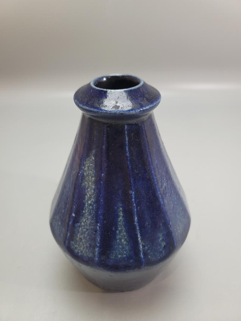 浜田晋作 作 藍釉面取 花瓶 共箱 DT544