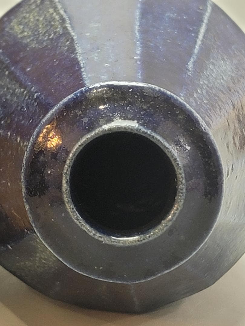 浜田晋作 作 藍釉面取 花瓶 共箱 DT544