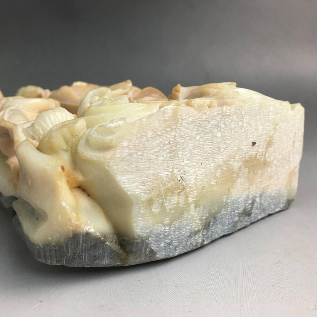 中国美術 唐物 寿山石 観音菩薩立像 童子 鳥 置物 約1.3kg