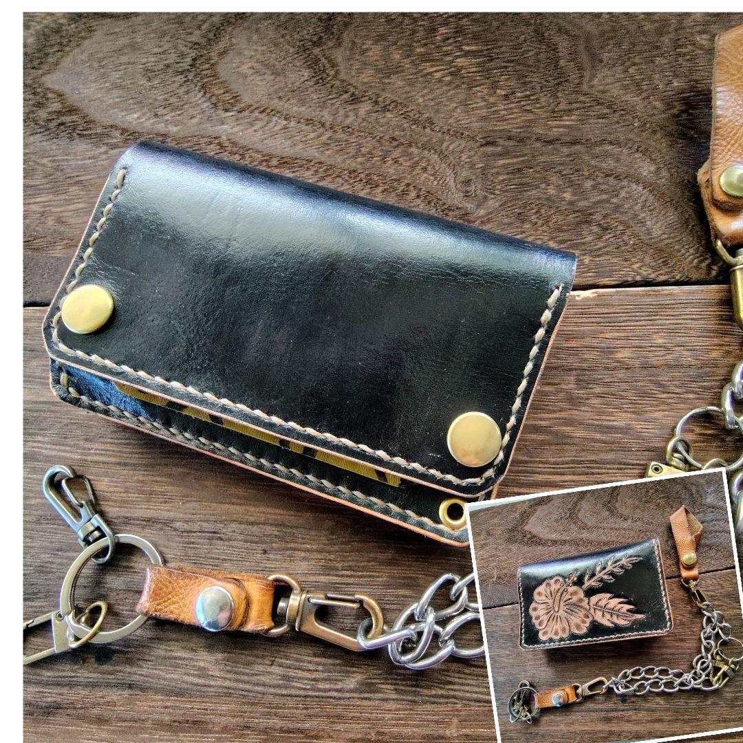 ミドルサイズ トラッカーウォレット 黒× 豹＆ハイビスカス 欲張りセット 84