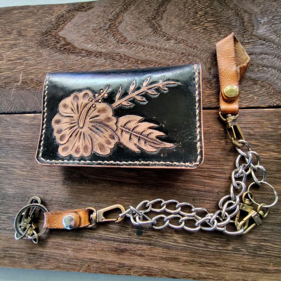 ミドルサイズ トラッカーウォレット 黒× 豹＆ハイビスカス 欲張りセット 84