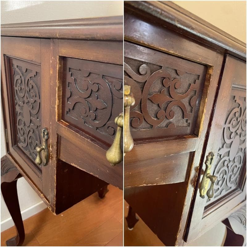 【横浜市引き取り限定です】アンティーク文机 引き出し付き 彫刻入 革デスクトップ