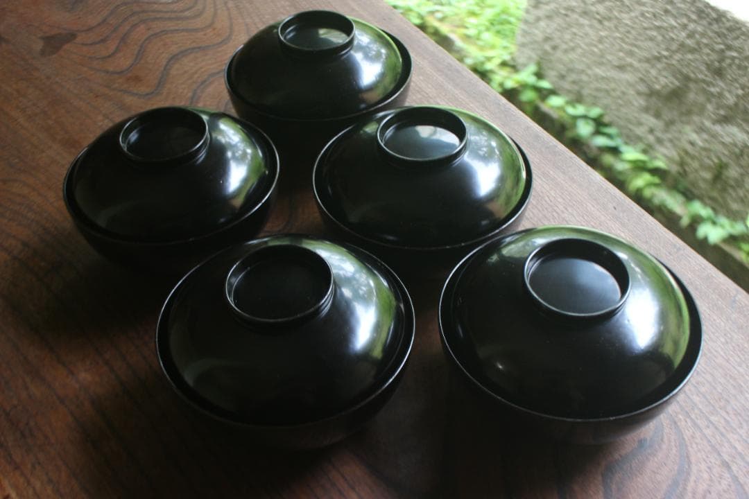 小傷有！時代黒漆に極上草花蒔絵の映える煮物椀5点（検輪島塗京塗蒔絵椀雑煮椀