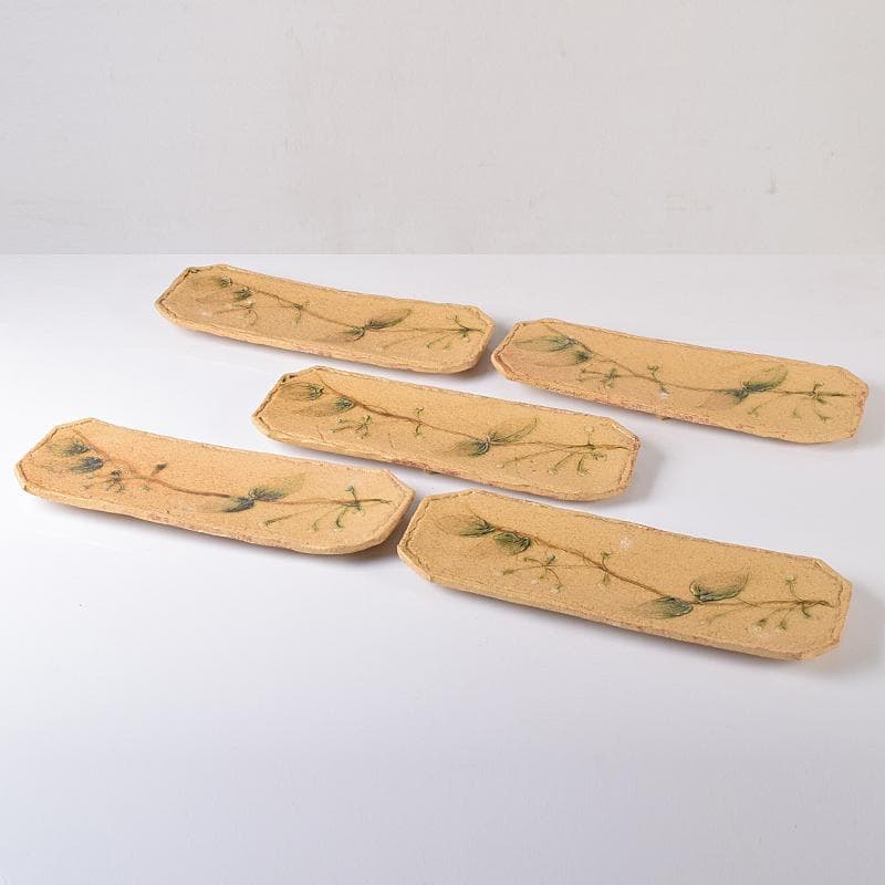 和食器　りんどう窯　小松幸代作　黄瀬戸　草文　長方皿　五客　共箱　D　R8175