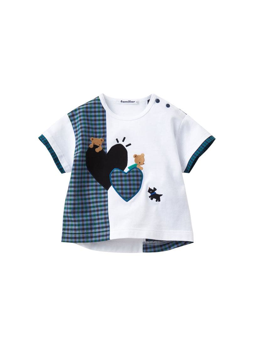 ファミリアfamilia チェック✖️ホワイト切り替えハートモチーフTシャツ