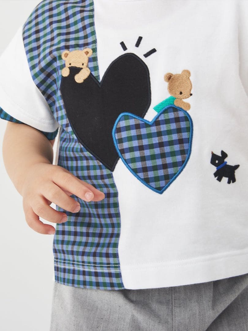 ファミリアfamilia チェック✖️ホワイト切り替えハートモチーフTシャツ