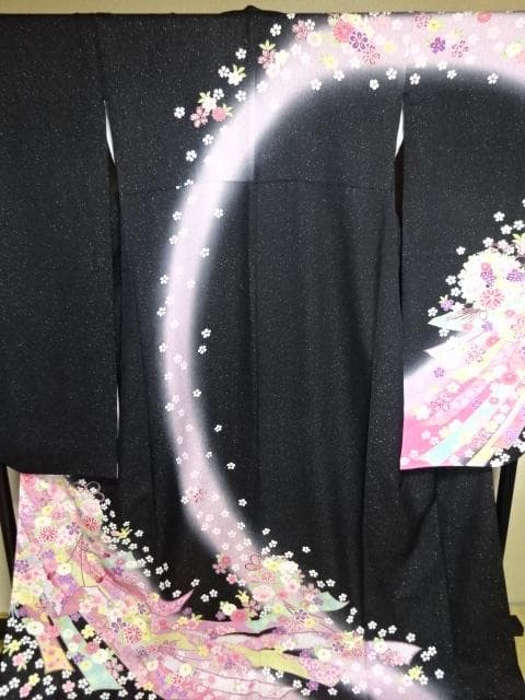 正絹　振り袖　単品　黒地にボカシ