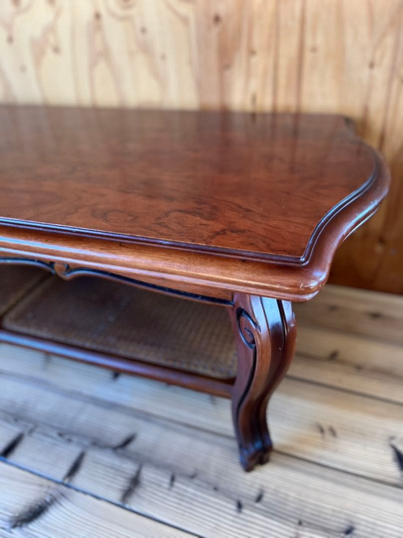 古いローテーブル木製座卓 籐収納棚付きアンティークヴィンテージレトロ