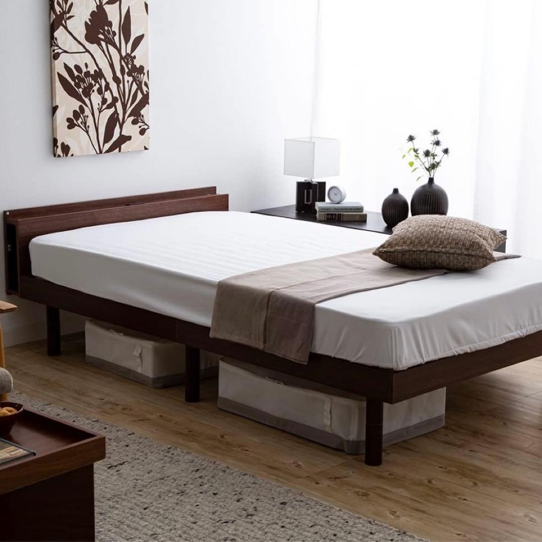 シングルベッドフレーム 棚付き コンセント付 ブラウン TKSB-S